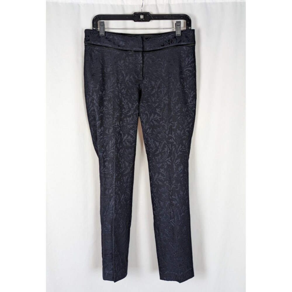 Cache Women's Blue Floral Jacquard Satin Trim Pleated Ankle Pants 6 Luxury Sleek